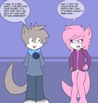  anthro blue_eyes blush borny bottomless cat clothed clothing dialog dialogue duo feline female fur green_eyes grey grey_fur hair half-dressed leo_(vg_cats) male mammal open_mouth pink pink_fur pink_hair pussy smile text vg_cats 