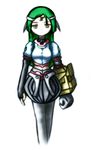  absurdres android arma_(recettear) elbow_gloves facial_mark forehead_mark gloves green_hair hairband highres itsnotfilia long_hair mechanical_arm midriff pantyhose recettear solo yellow_eyes 