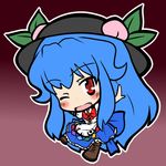  blue_hair blush bow cross-laced_footwear eruru_(erl) fang food fruit hat hinanawi_tenshi leaf long_hair long_skirt one_eye_closed open_mouth peach red_eyes short_sleeves skirt solo touhou very_long_hair 