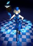  bare_shoulders black_legwear book boots card checkered checkered_floor digital_media_player dress elizabeth_(persona) hat headphones highres pantyhose persona persona_3 short_hair sleeveless sleeveless_dress smile solo take_(s-wab) white_hair yellow_eyes 