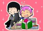  1boy 1girl alfa_system beard black_hair blush_stickers book coat earrings eyes_closed facial_hair hermana_larmo jewelry long_hair open_mouth pants pink_background purple_hair ricardo_soldato saliva scar scarf sleeping tales_of_(series) tales_of_innocence 