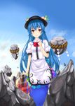  blue_hair blush bow cloud day food fruit hat highres hinanawi_tenshi keystone leaf long_hair long_skirt peach red_eyes rock rope short_sleeves skirt sky solo sword sword_of_hisou touhou very_long_hair weapon yosshii_(ropichan2) 