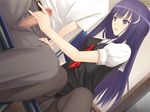  1boy 1girl censored dutch_angle game_cg handjob kamiwazumi_maya long_hair panties pantyhose penis purple_eyes purple_hair school_uniform sitting tanaka_takayuki underwear 