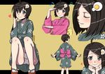  absurdres adjusting_hair ahoge araragi_tsukihi bad_id bad_pixiv_id black_eyes black_hair blush character_sheet closed_eyes dancing fried_egg from_behind hair_ornament hand_on_own_face heart highres j_(shining-next) japanese_clothes kimono light_smile looking_back monogatari_(series) multiple_views musical_note nisemonogatari panties pantyshot salute short_hair underwear zouri 