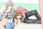  1girl accelerator ahoge albino brown_eyes brown_hair choker dress frog last_order lying meso_(goma-meso) open_mouth pillow polka_dot red_eyes shirt short_hair smile striped striped_shirt stuffed_animal stuffed_frog stuffed_toy to_aru_majutsu_no_index toy white_hair 