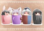  animal_ears black_hair brown_eyes bunny_ears chibi commentary_request cross cup hammer_(sunset_beach) hands_in_opposite_sleeves hat hime_cut holding_ears houraisan_kaguya in_container in_cup inaba_tewi long_hair mug multiple_girls nurse_cap one_eye_closed open_mouth purple_hair red_eyes reisen_udongein_inaba shaded_face short_hair silver_hair smile sweat syringe touhou yagokoro_eirin 
