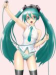  aqua_eyes aqua_hair arm_up bespectacled breasts covered_nipples glasses hatsune_miku highres long_hair microphone necktie no_pants open_mouth panties samejima_minoru simple_background small_breasts solo striped striped_panties thighhighs twintails underwear very_long_hair vocaloid vocaloid_(lat-type_ver) 