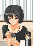  amagami black_hair blush blush_stickers brown_eyes casual concentrating doll holding jar jewelry kokeshi murasaki_iro nanasaki_ai necklace paintbrush painting shirt short_hair solo t-shirt window 