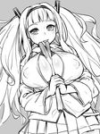  aouma bad_id bad_pixiv_id between_breasts breasts covered_nipples food greyscale hair_ornament hatsune_miku highres huge_breasts long_hair monochrome sexually_suggestive simple_background skirt solo spring_onion tongue twintails vocaloid 
