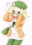  adjusting_clothes adjusting_hat bag bel_(pokemon) beret blonde_hair glasses green_eyes hat hat_ribbon jacket pokemon pokemon_(game) pokemon_bw2 purin_jiisan ribbon semi-rimless_eyewear shoulder_bag solo 