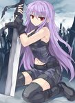  bad_id bad_pixiv_id bare_shoulders belt black_gloves black_legwear boots fingerless_gloves gloves highres kiyoichi_(acacia_soukyoukai) long_hair navel original planted_sword planted_weapon purple_hair red_eyes shorts sitting solo sword thighhighs wariza weapon 