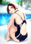  bad_id bad_pixiv_id barefoot brown_eyes brown_hair competition_swimsuit delta_zone from_behind lips looking_back one-piece_swimsuit original sitting solo swim_cap swimsuit 