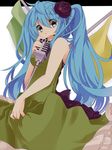  aqua_eyes aqua_hair bad_id bad_pixiv_id bare_shoulders bow dress flag flower frilled_dress frills green_dress hair_flower hair_ornament hatsune_miku highres kochira_koufuku_anshin_iinkai_desu_(vocaloid) long_hair microphone microphone_stand open_mouth skirt_hold solo twintails uryu very_long_hair vintage_microphone vocaloid 