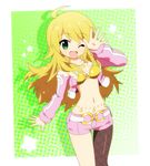 ahoge asymmetrical_clothes blonde_hair bra breasts cleavage cropped_jacket fishnet_pantyhose fishnets green_eyes hahifuhe hoshii_miki idolmaster idolmaster_(classic) long_hair navel one_eye_closed open_mouth pantyhose pink_diamond_765 shorts small_breasts solo thigh_gap underwear 