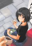  amagami bench black_hair blush bob_cut brown_eyes casual denim eating food from_above from_behind handkerchief jeans jewelry looking_at_viewer looking_back looking_up murasaki_iro nanasaki_ai necklace one_eye_closed onigiri pants pov shirt short_hair sign sitting solo_focus t-shirt 