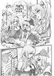  alice_margatroid alice_margatroid_(pc-98) blush book breasts castle chinese comic frills greyscale hair_bobbles hair_ornament hairband hexagram highres jewelry large_breasts long_hair magic monochrome multiple_girls necklace open_book pz shinki short_hair side_ponytail sitting star touhou touhou_(pc-98) translated very_long_hair wariza 