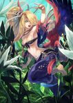  aqua_eyes armpits bandeau barefoot bird blonde_hair blue_eyes breasts cleavage feathers flower front-tie_top hair_over_one_eye harem_pants highres jungle lack long_hair looking_back medium_breasts midriff nature navel o-ring o-ring_bottom open_mouth original pants ponytail solo underboob 