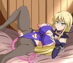  1girl bdsm bed blonde_hair blush bondage bound breasts censored character_request collar female green_eyes heart large_breasts long_hair lotte_no_omocha! lying mercelida_ygvar nipples pink_tail pointy_ears pussy solo spec_(artist) spread_legs tail urasekai_2 