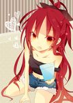  bad_id bad_pixiv_id bow fang food hair_bow heart long_hair mahou_shoujo_madoka_magica midriff mmco navel off_shoulder orange_eyes popsicle red_hair sakura_kyouko shorts solo 