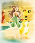  ampharos barefoot beach brown_hair chikorita85 collarbone creature dress frilled_dress frills gen_2_pokemon green_dress hair_ornament highres holding holding_shoes lighthouse mikan_(pokemon) ocean pokemon pokemon_(creature) pokemon_(game) pokemon_hgss ribbon sand shoes smile two_side_up yellow_eyes 