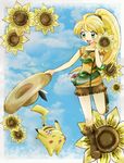  :d alternate_costume blonde_hair blue_sky boots chikorita85 chuchu_(pokemon) closed_eyes cloud collarbone day dress floral_background gen_1_pokemon green_eyes hat hat_removed headwear_removed highres holding holding_hat long_hair open_mouth pikachu poke_ball pokemon pokemon_(creature) pokemon_special ponytail running short_dress skirt sky smile standing standing_on_one_leg waist_poke_ball yellow yellow_(pokemon) yellow_skirt 