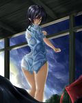  7ban black_hair blush cloud cloudy_sky looking_at_viewer looking_back naked_shirt open_mouth pointy_ears red_eyes shameimaru_aya shirt short_hair sky sleeves_pushed_up solo touhou wet wet_clothes wet_shirt 