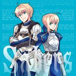  1girl ahoge armor armored_dress arthur_pendragon_(fate) artoria_pendragon_(all) bad_id bad_pixiv_id blonde_hair dress dual_persona fate/prototype fate/stay_night fate_(series) faulds gauntlets genderswap genderswap_(ftm) green_eyes hair_ribbon hand_on_hip joha ribbon saber short_hair 