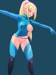  1girl blush breasts censored large_breasts long_hair metroid nipple nipples ponytail pussy samus_aran skin_tight solo torn_clothes zero_suit 