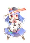  blue_hair blush bow cross-laced_footwear dnk food frills fruit hat highres hinanawi_tenshi leaf long_hair long_skirt open_mouth peach red_eyes short_sleeves simple_background skirt solo sword sword_of_hisou touhou weapon 