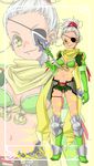  1girl alfa_system armor boots bra breasts character_name eyepatch grey_hair long_hair midriff navel ponytail qq_selesneva short_shorts shorts smile tales_of_(series) tales_of_innocence underwear yellow_background yellow_eyes 