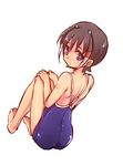  bad_id bad_pixiv_id barefoot brown_hair crossdressing from_behind full_body hair_ornament inazuma_eleven_(series) inazuma_eleven_go lowres male_focus one-piece_swimsuit purple_eyes school_swimsuit shuu_(inazuma_eleven) simple_background sitting solo swimsuit tobi_(one) white_background 