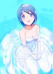  bare_shoulders blue blue_background blue_eyes blue_hair breasts cleavage dress elbow_gloves flower from_above gloves hair_flower hair_ornament looking_up mahou_shoujo_madoka_magica medium_breasts miki_sayaka misada short_hair smile solo wedding_dress 