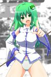  1girl angry breasts chikyuujin_a female green_eyes green_hair hair_ornament kochiya_sanae large_breasts long_hair no_pants open_mouth outdoors panties pointing solo standing touhou underwear 