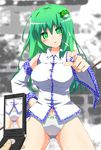  1girl blush breasts cellphone chikyuujin_a female green_eyes green_hair hair_ornament kochiya_sanae large_breasts long_hair no_pants open_mouth outdoors panties phone pointing solo standing touhou underwear 
