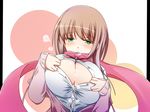  after_paizuri bad_id bad_pixiv_id blush breasts brown_hair cardigan cleavage cum cum_on_body cum_on_breasts cum_on_upper_body green_eyes large_breasts liquid long_hair matsumi_yuu open_mouth outside_border pillarboxed saki saki_achiga-hen scarf solo tenpesuto unbuttoned upper_body 