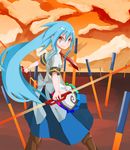  alternate_weapon blue_hair cloud cross-laced_footwear dual_wielding field_of_blades highres hinanawi_tenshi holding long_hair necktie planted_sword planted_weapon red_eyes short_sleeves sky solo soudayu sword sword_of_hisou touhou unlimited_blade_works very_long_hair weapon 