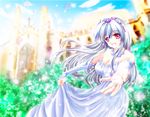  alternate_costume bare_shoulders blue_hair breasts bridal_gauntlets cleavage dress flower hair_ornament jewelry kamishirasawa_keine large_breasts long_hair long_skirt multicolored_hair necklace open_mouth outstretched_arms petals red_eyes silver_hair skirt solo touhou tsukiori_sasa two-tone_hair veil very_long_hair wedding_dress 