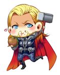  1boy avengers beard cape chibi eating facial_hair food hamburger hammer male male_focus marvel mcu red_cape scale_armor solo thor_(marvel) white_background xkbyzqz 