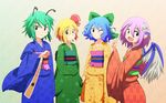  alternate_costume antennae blonde_hair blue_eyes blue_hair bow cato_(monocatienus) cirno earrings flower food gradient gradient_background green_eyes green_hair hair_bow hair_flower hair_ornament hair_ribbon japanese_clothes jewelry kimono long_sleeves looking_at_viewer multiple_girls mystia_lorelei no_hat no_headwear obi one_eye_closed open_mouth pink_hair pocky red_eyes ribbon rumia sash smile team_9 touhou wide_sleeves wings wriggle_nightbug 