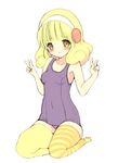  bad_id bad_pixiv_id blonde_hair blush breasts covered_nipples double_v hairband highres kise_yayoi one-piece_swimsuit precure school_swimsuit seiza sitting small_breasts smile smile_precure! solo swimsuit tenmitsu_yuka thighhighs v yellow_eyes 