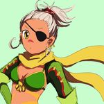  1girl alfa_system aqua_background bra breasts dark_skin earrings eyepatch gloves grey_hair jewelry long_hair ponytail qq_selesneva scarf tales_of_(series) tales_of_innocence underwear yellow_eyes 