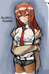  blue_eyes blush bra brown_hair eu03 hard_translated holding_arm jacket lingerie long_hair makise_kurisu necktie off_shoulder pantyhose shirt shorts solo steins;gate translated underwear wet wet_clothes wet_shirt 