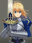  ahoge armor armored_dress artoria_pendragon_(all) blonde_hair dress excalibur fate/zero fate_(series) fighting_stance gauntlets green_eyes grey_background hair_ribbon juliet_sleeves long_sleeves puffy_sleeves ribbon saber seven_(11) simple_background solo sword weapon 