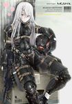  asuke_yuki barcode bodysuit box bullpup cardboard_box combat_knife frogs_(metal_gear) gun heart helmet highres knife long_hair metal_gear_(series) metal_gear_online metal_gear_solid_4 p90 shin_guards sitting solo submachine_gun suppressor weapon white_hair 