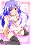  apron black_legwear blue_hair blush breasts cleavage collarbone highres hinanawi_tenshi long_hair medium_breasts nagii_yuki naked_apron red_eyes solo thighhighs touhou translation_request very_long_hair 