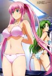  absurdres ass bow bow_panties bra breasts cleavage green_eyes green_hair hagure_yuusha_no_estetica hair_ribbon highres long_hair looking_back medium_breasts megami multiple_girls nanase_haruka navel non-web_source official_art ousawa_miu panties pink_bra pink_hair pink_panties ribbon sideboob smile striped striped_bra striped_panties tomiyama_daisuke twintails underwear underwear_only undressing very_long_hair 