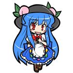  blue_hair blush bow cross-laced_footwear eruru_(erl) fang food fruit hat hinanawi_tenshi leaf long_hair long_skirt open_mouth peach short_sleeves skirt solo touhou very_long_hair 