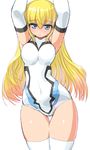  altrene armpits arms_up blonde_hair blue_eyes breasts busou_shinki dd_(ijigendd) elbow_gloves gloves hips large_breasts long_hair simple_background solo thigh_gap thighhighs white_legwear 