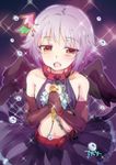  bare_shoulders belt brown_eyes chain cleavage_cutout collar cuffs elbow_gloves glitter gloves grey_hair hair_ornament heart heart_cutout holding idolmaster idolmaster_cinderella_girls koshimizu_sachiko leash microphone midriff narumi_(uminari) navel open_mouth purple_hair short_hair skirt solo sparkle wings yellow_eyes 