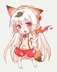  animal_ears blush bow fang fire fox_ears fox_tail fujiwara_no_mokou haikichi hair_bow leaf long_hair open_mouth red_eyes short_sleeves silver_hair simple_background solo suspenders tail touhou very_long_hair whiskers 